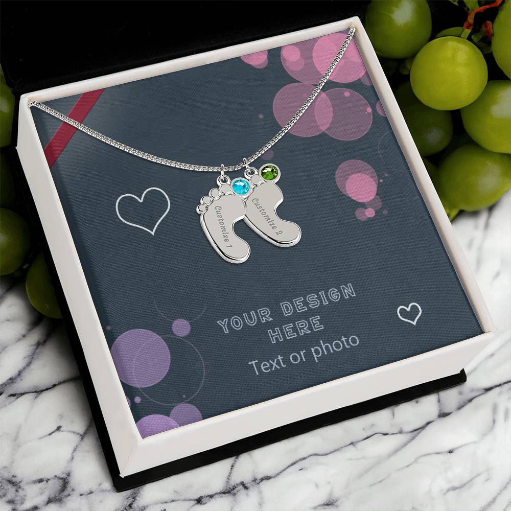 Baby Feet Necklace with Birthstone and Custom Engraving - Custom Background Personalized Gift - Luxuriof