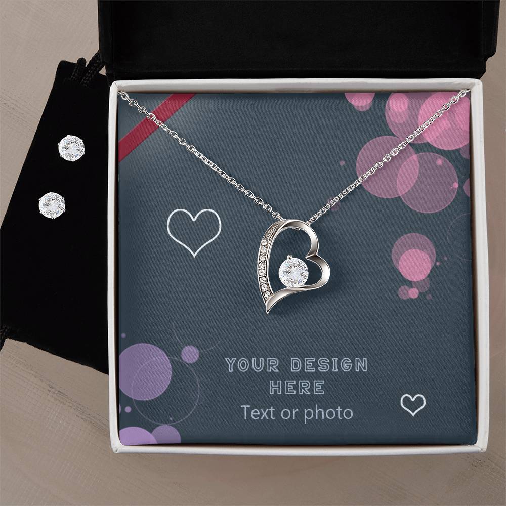 Set of Curved Heart Pendant Necklace and Earrings with Sparkling Cubic Zirconia Crystals - Custom Background Personalized Gift - Luxuriof