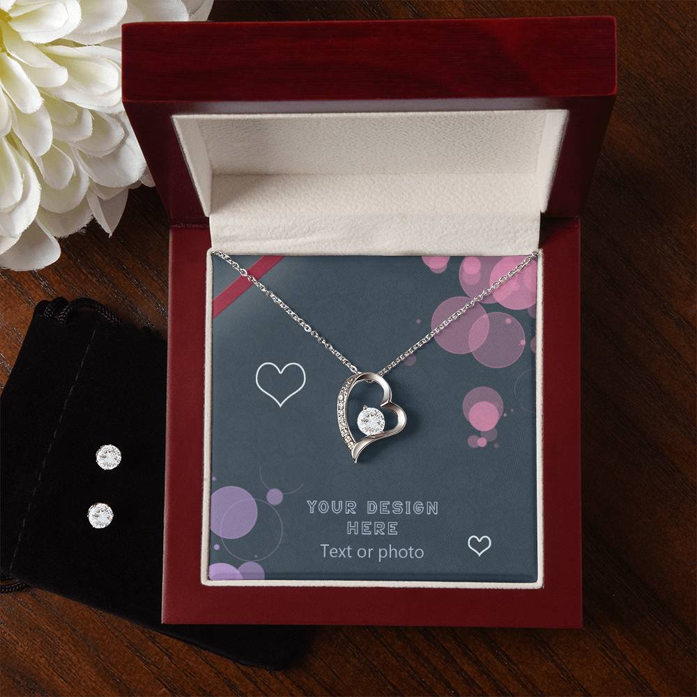 Set of Curved Heart Pendant Necklace and Earrings with Sparkling Cubic Zirconia Crystals - Custom Background Personalized Gift - Luxuriof
