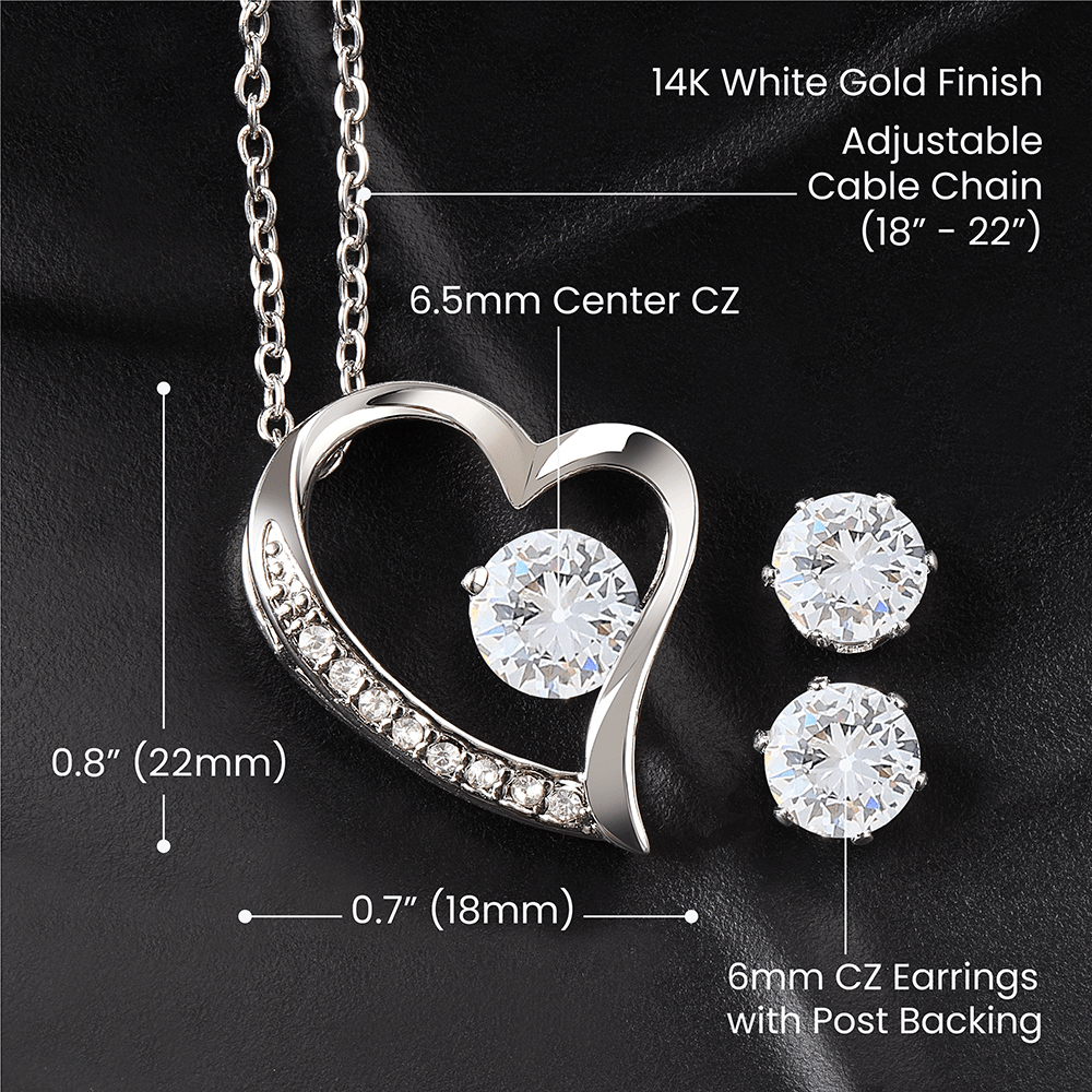 Set of Curved Heart Pendant Necklace and Earrings with Sparkling Cubic Zirconia Crystals - Custom Background Personalized Gift - Luxuriof