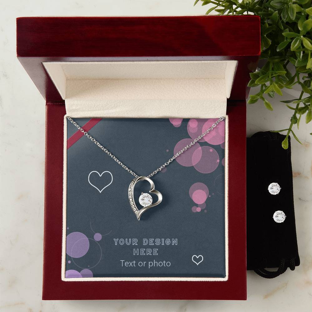 Set of Curved Heart Pendant Necklace and Earrings with Sparkling Cubic Zirconia Crystals - Custom Background Personalized Gift - Luxuriof