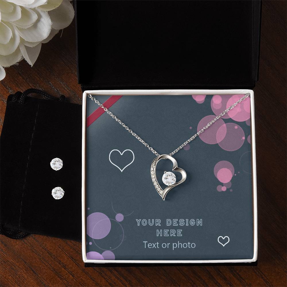 Set of Curved Heart Pendant Necklace and Earrings with Sparkling Cubic Zirconia Crystals - Custom Background Personalized Gift - Luxuriof