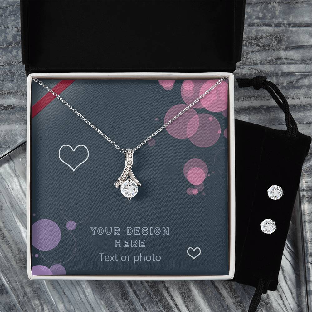 Set of Ribbon Pendant Necklace and Earrings with Cubic Zirconia Crystal - Custom Background Personalized Gift - Luxuriof