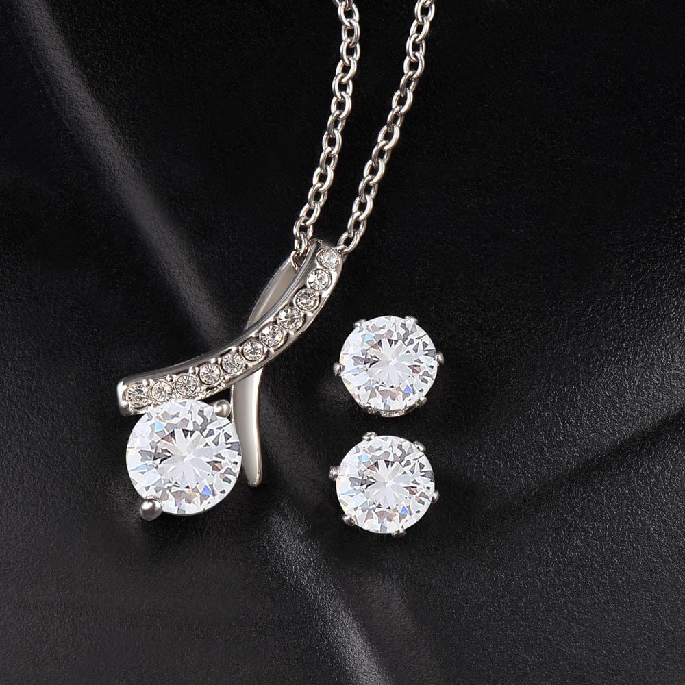 Set of Ribbon Pendant Necklace and Earrings with Cubic Zirconia Crystal - Custom Background Personalized Gift - Luxuriof