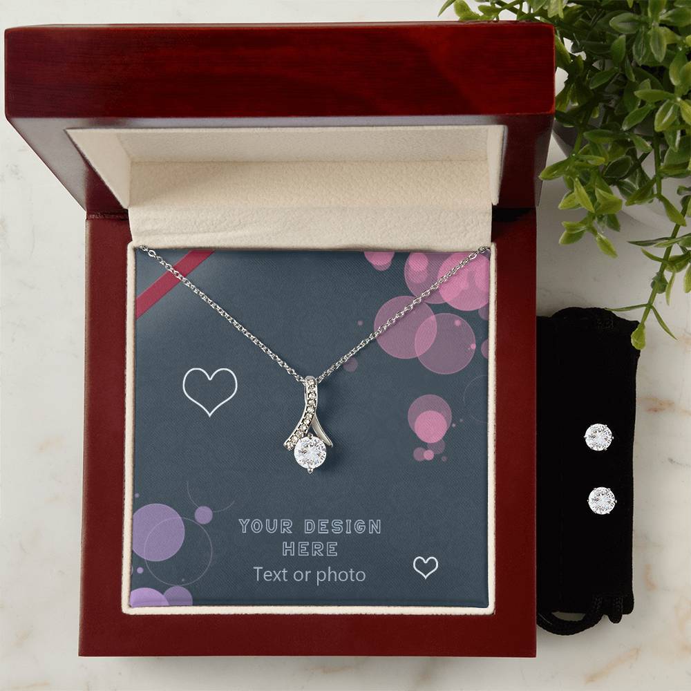 Set of Ribbon Pendant Necklace and Earrings with Cubic Zirconia Crystal - Custom Background Personalized Gift - Luxuriof