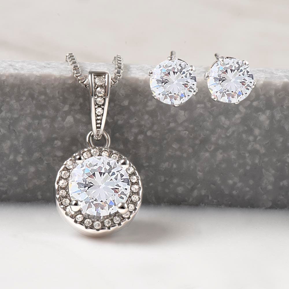 Set of Round Necklace and Earrings with Sparkling Cubic Zirconia Crystals - Custom Background Personalized Gift - Luxuriof