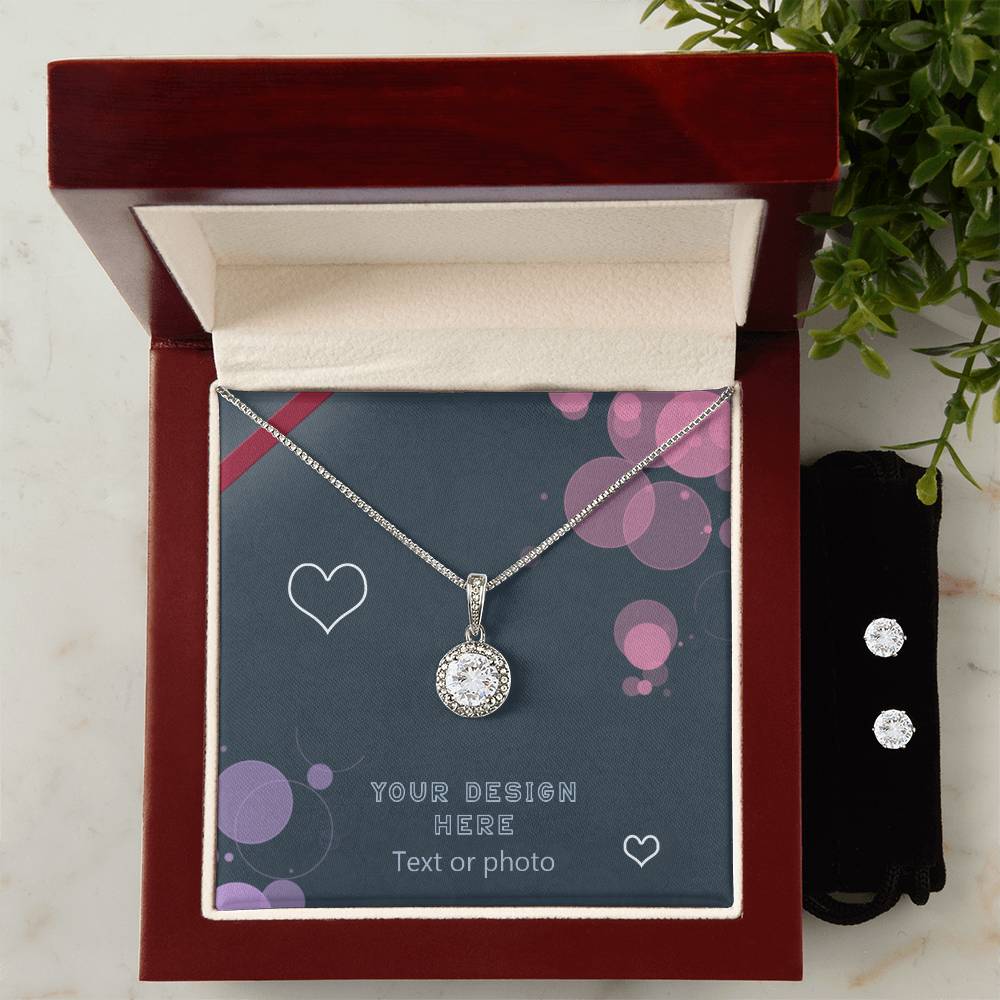 Set of Round Necklace and Earrings with Sparkling Cubic Zirconia Crystals - Custom Background Personalized Gift - Luxuriof